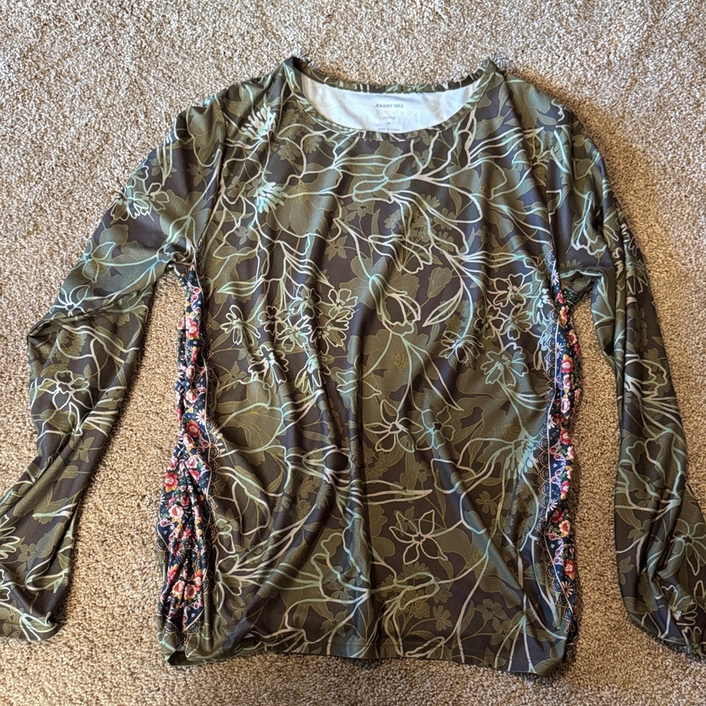 Johnny Was Olive Green Floral Long Sleeve Top with Multicolor Side Panels